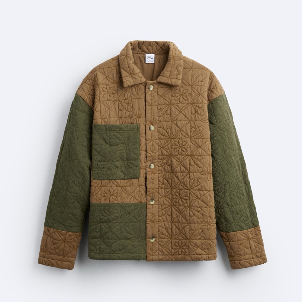 Zara Men's Patchwork Quilted Color-block Jacket - Tan and Green NWT